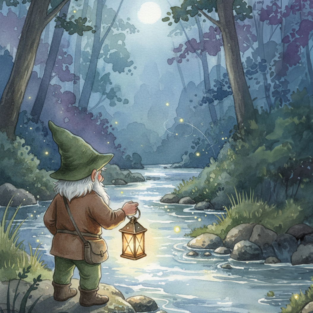 The Star Gatherer of whisperwood, a small gnome, standing near a forest stream at night, looking for fallen stars.