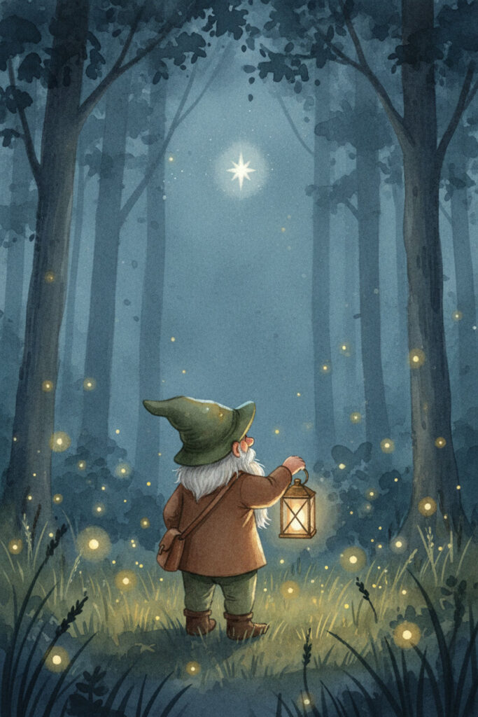 A small gnome is holding a lantern, shining its light through Whisperwood Forest.