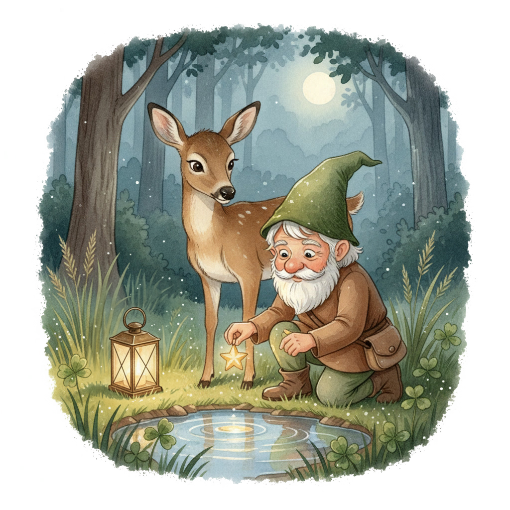 The Whisperwood Forest gnome is gently washing tonights star while Liora the deer watches.