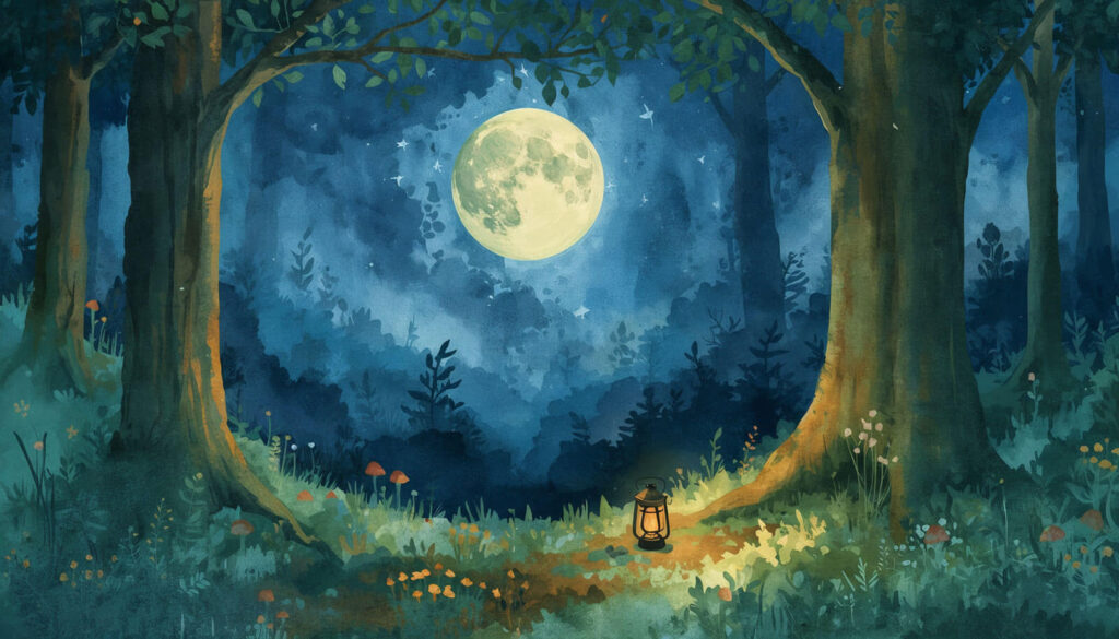 Watercolor forest illustration with a golden glowing lantern, symbolizing a gentle bedtime story routine for kids